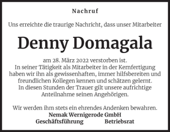 Traueranzeige von Denny Domagala  von Magdeburger Volksstimme