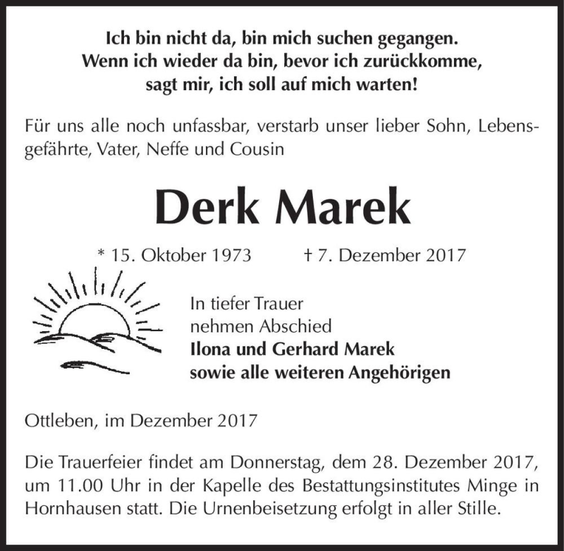  Traueranzeige für Derk Marek  vom 20.12.2017 aus Magdeburger Volksstimme