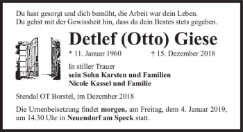Traueranzeige von Detlef (Otto) Gies  von Magdeburger Volksstimme