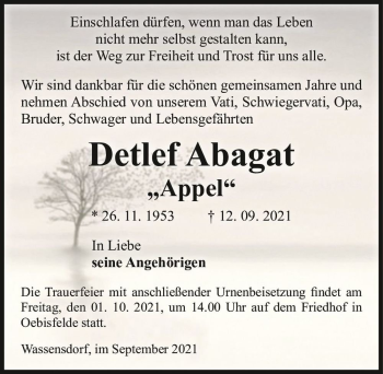 Traueranzeige von Detlef Abagat ,,Appel