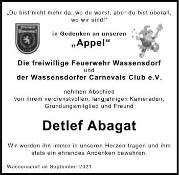 Traueranzeige von Detlef Abagat 