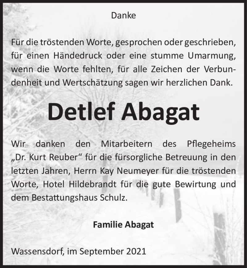  Traueranzeige für Detlef Abagat  vom 23.10.2021 aus Magdeburger Volksstimme