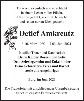 Traueranzeige von Detlef Amkreutz  von Magdeburger Volksstimme