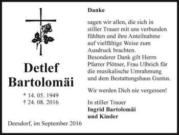 Traueranzeige von Detlef Bartolomäi  von Magdeburger Volksstimme