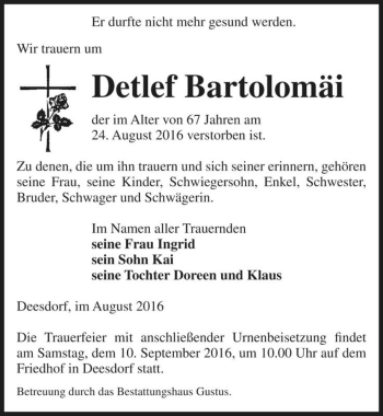 Traueranzeige von Detlef Bartolomäi  von Magdeburger Volksstimme