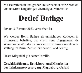 Traueranzeige von Detlef Bathge  von Magdeburger Volksstimme