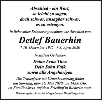 Traueranzeige von Detlef Bauerhin  von Magdeburger Volksstimme