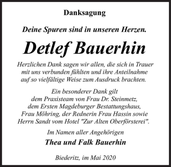 Traueranzeige von Detlef Bauerhin  von Magdeburger Volksstimme