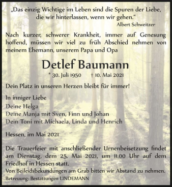 Traueranzeige von Detlef Baumann  von Magdeburger Volksstimme