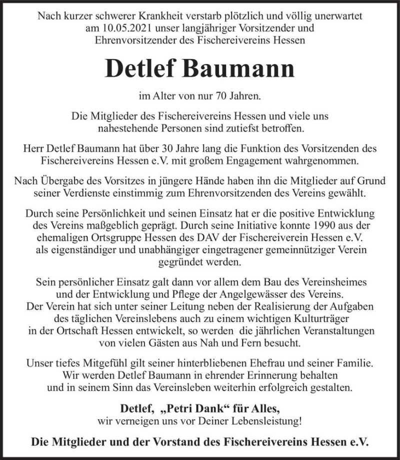  Traueranzeige für Detlef Baumann  vom 26.05.2021 aus Magdeburger Volksstimme