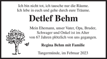 Traueranzeige von Detlef Behm  von Magdeburger Volksstimme