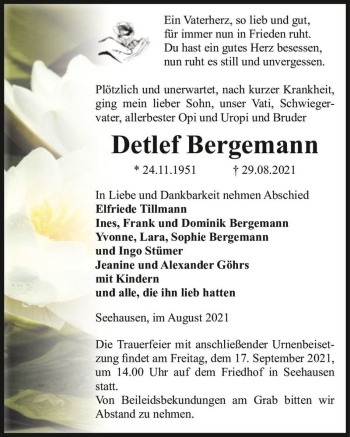 Traueranzeige von Detlef Bergemann  von Magdeburger Volksstimme
