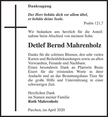 Traueranzeige von Detlef Bernd Mahrenholz  von Magdeburger Volksstimme