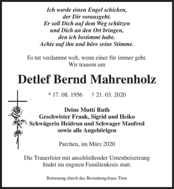 Traueranzeige von Detlef Bernd Mahrenholz  von Magdeburger Volksstimme