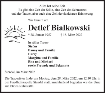 Traueranzeige von Detlef Bialkowski  von Magdeburger Volksstimme
