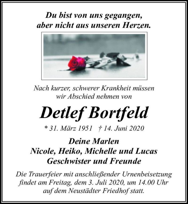  Traueranzeige für Detlef Bortfeld  vom 20.06.2020 aus Magdeburger Volksstimme