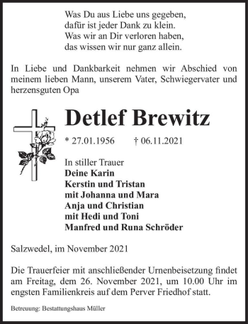Traueranzeige von Detlef Brewitz  von Magdeburger Volksstimme