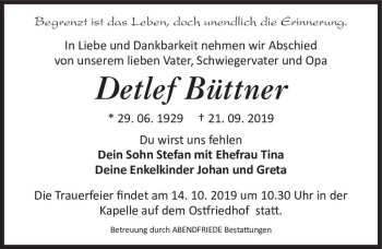 Traueranzeige von Detlef Büttner  von Magdeburger Volksstimme