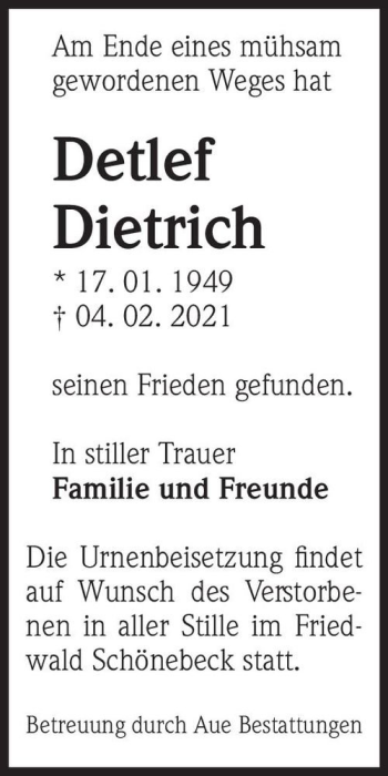 Traueranzeige von Detlef Dietrich  von Magdeburger Volksstimme