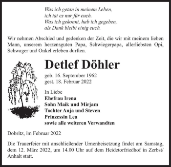 Traueranzeige von Detlef Döhler  von Magdeburger Volksstimme