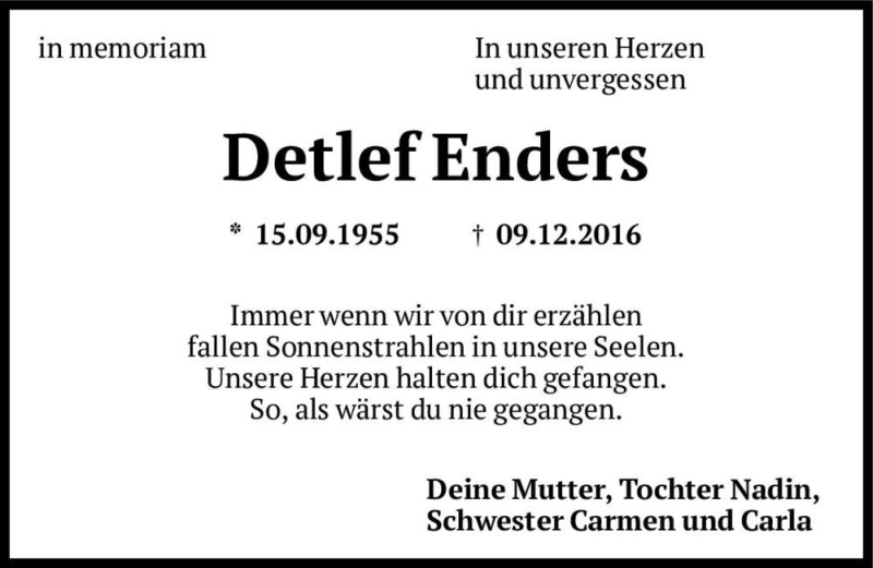  Traueranzeige für Detlef Enders  vom 09.12.2017 aus Magdeburger Volksstimme