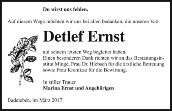 Traueranzeige von Detlef Ernst  von Magdeburger Volksstimme