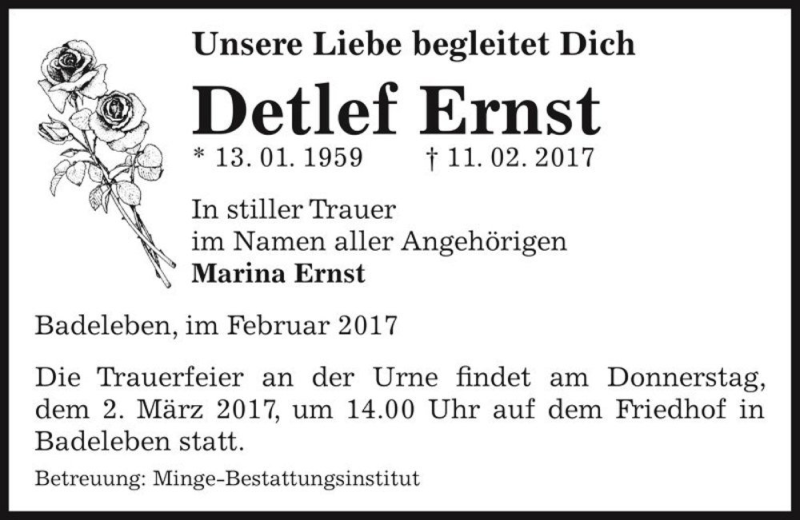 Traueranzeige für Detlef Ernst  vom 18.02.2017 aus Magdeburger Volksstimme