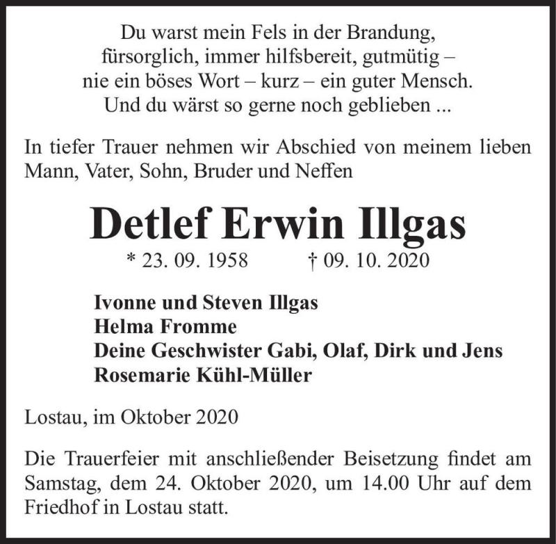  Traueranzeige für Detlef Erwin Illgas  vom 17.10.2020 aus Magdeburger Volksstimme