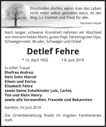 Traueranzeige von Detlef Fehre  von Magdeburger Volksstimme