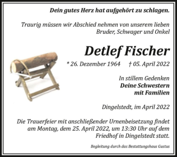Traueranzeige von Detlef Fischer  von Magdeburger Volksstimme
