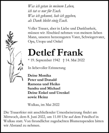 Traueranzeige von Detlef Frank  von Magdeburger Volksstimme