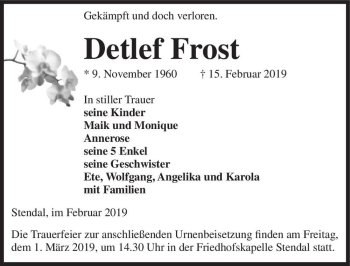 Traueranzeige von Detlef Frost  von Magdeburger Volksstimme
