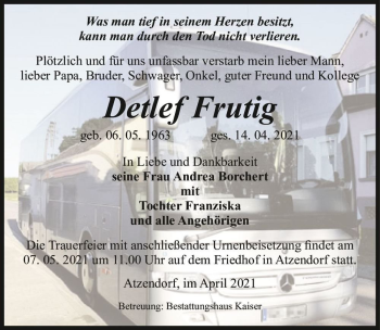 Traueranzeige von Detlef Frutig  von Magdeburger Volksstimme