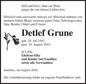 Traueranzeige von Detlef Grune  von Magdeburger Volksstimme
