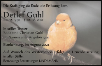 Traueranzeige von Detlef Guhl  von Magdeburger Volksstimme