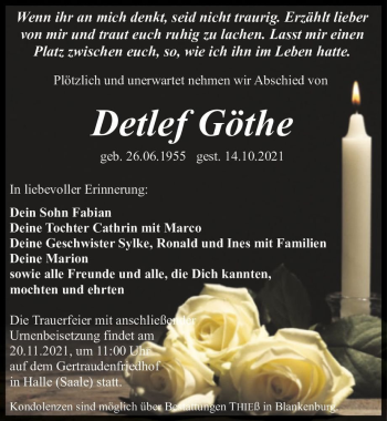 Traueranzeige von Detlef Göthe  von Magdeburger Volksstimme
