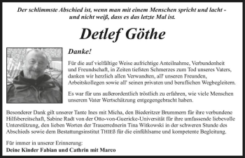 Traueranzeige von Detlef Göthe  von Magdeburger Volksstimme