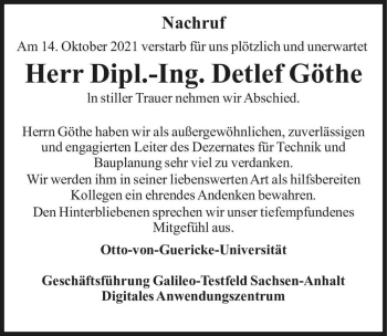Traueranzeige von Detlef Göthe  von Magdeburger Volksstimme