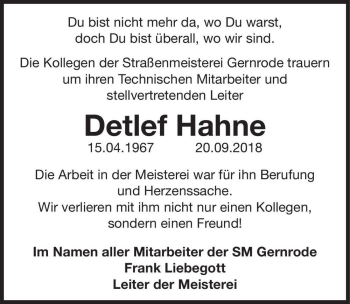 Traueranzeige von Detlef Hahne  von Magdeburger Volksstimme