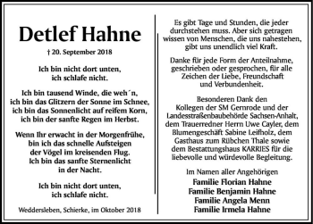 Traueranzeige von Detlef Hahne  von Magdeburger Volksstimme