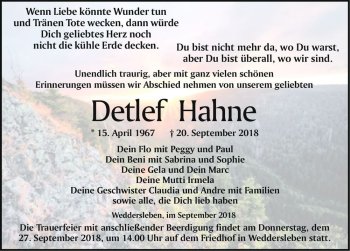 Traueranzeige von Detlef Hahne  von Magdeburger Volksstimme