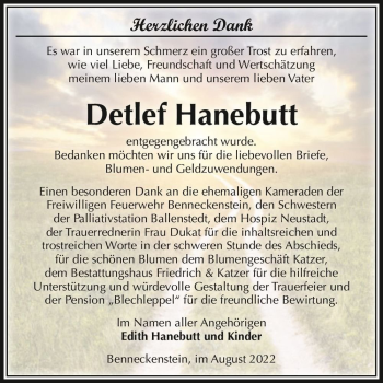 Traueranzeige von Detlef Hanebutt  von Magdeburger Volksstimme