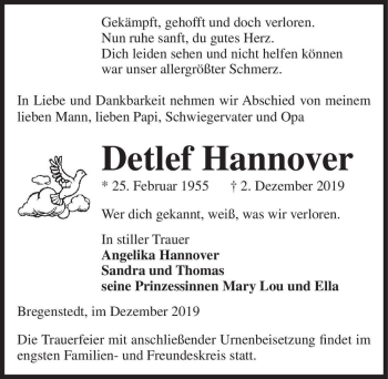 Traueranzeige von Detlef Hannover  von Magdeburger Volksstimme