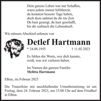 Traueranzeige von Detlef Hartmann  von Magdeburger Volksstimme