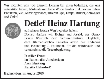 Traueranzeige von Detlef Heinz Hartung  von Magdeburger Volksstimme