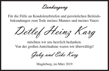 Traueranzeige von Detlef Heinz Karg  von Magdeburger Volksstimme