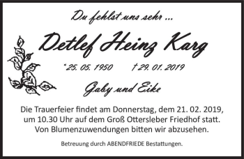 Traueranzeige von Detlef Heinz Karg  von Magdeburger Volksstimme