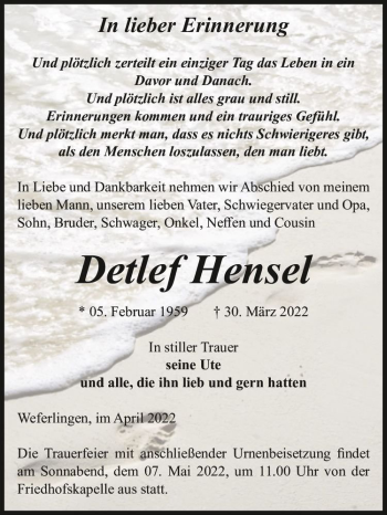 Traueranzeige von Detlef Hensel  von Magdeburger Volksstimme