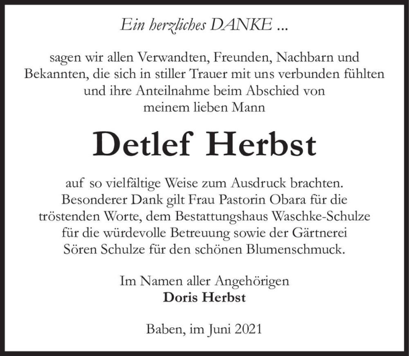  Traueranzeige für Detlef Herbst  vom 04.06.2021 aus Magdeburger Volksstimme