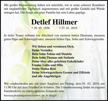 Traueranzeige von Detlef Hillmer  von Magdeburger Volksstimme